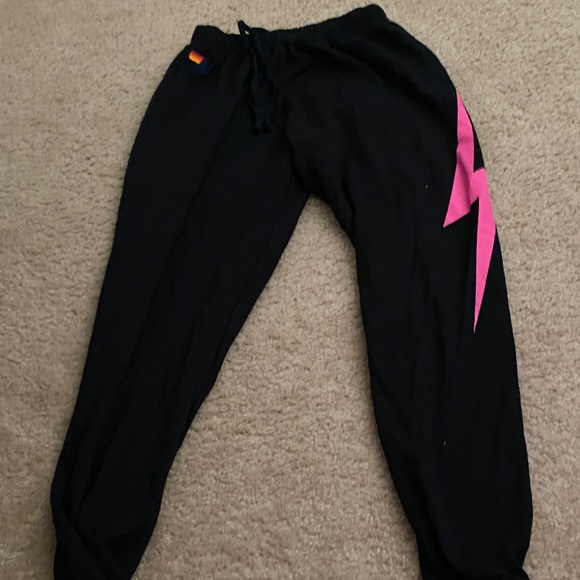 Aviator Nation Pants - Aviator Nation Black Joggers with Pink Lightning Bolt